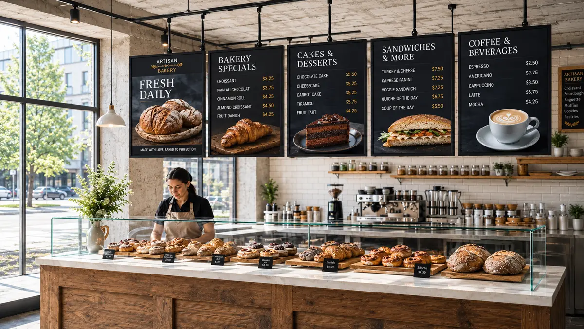 Bakery counter beneath a wall of digital menu screens