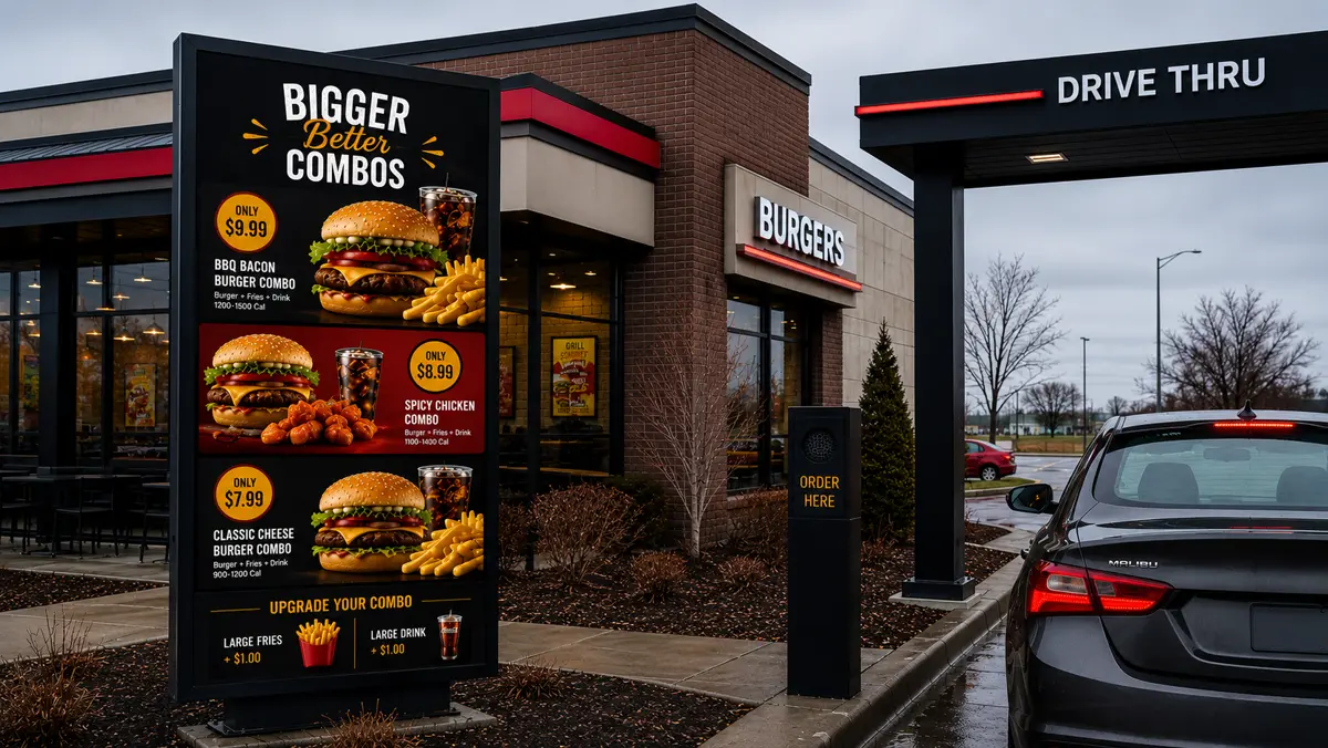 Drive-thru lane with a digital menu board showing combo meals and pricing