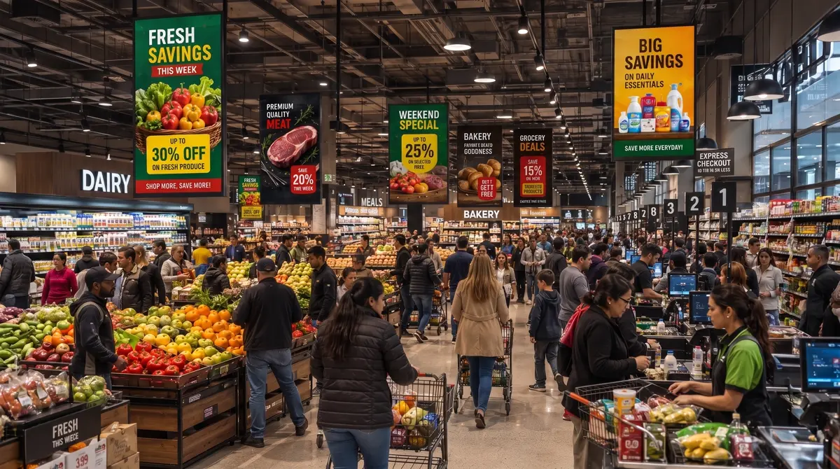 Busy supermarket floor with overhead digital promotion screens