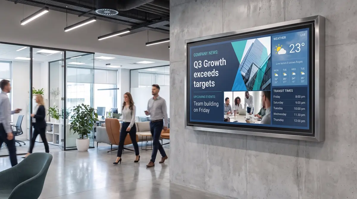 Open-plan office with meeting rooms showing booking status and KPI dashboards